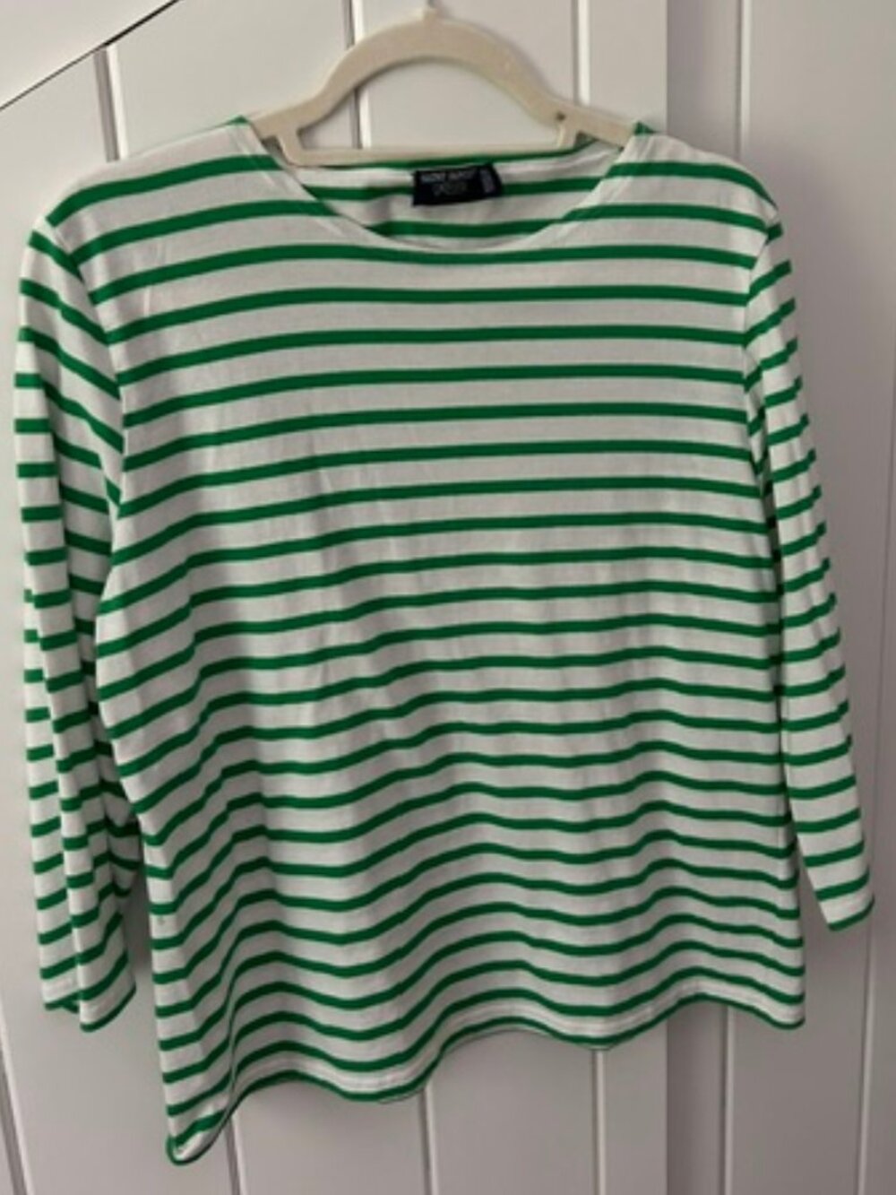 Saint James L'Atelier Breton striped top in green and white, size 14